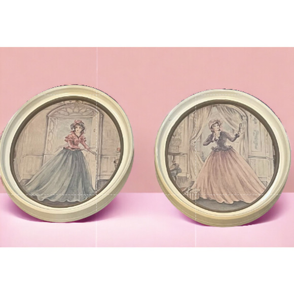 Vintage Set of 2 Oval Wooden Framed Women Fashion Prints EUC 9x11 - Picture 1 of 7